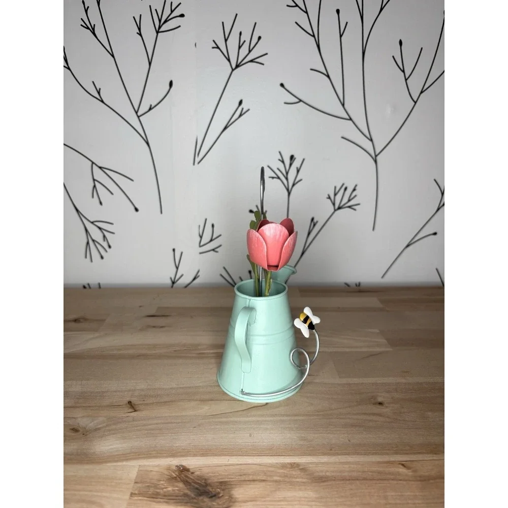 Watering‎ Can Photo Holder Flowers Bee Whimsical Mint Green